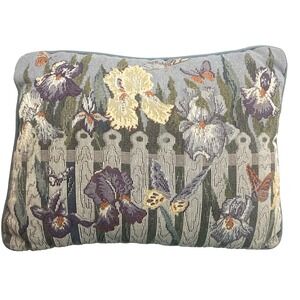Vtg Iris Floral Tapestry Throw Pillow Butterflies Blue Backing 12x16"